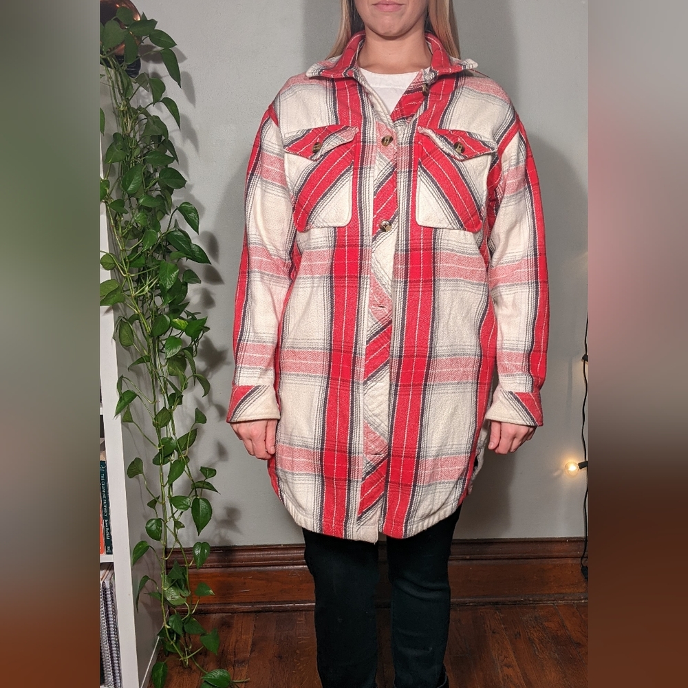 Aerie Red Plaid Flannel Shacket Coat with pockets Medium - fits big!